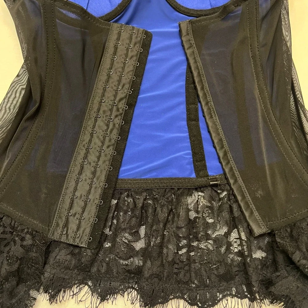 Seven til Midnight‎ Blue Black Lace Corset Burlesque Pin Up Bustier Top Size L